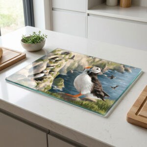 the-ginger-coo-personalised-toughened-glass-worktop-saver-cutting-board-highland-collection-puffin-kitchen-gift-life